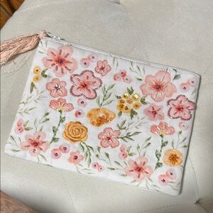 Floral Embroidered Clutch - White and Pink